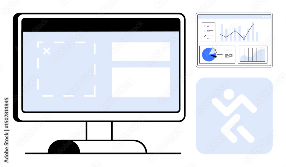 Aufkleber desktop screen with ui layout design, analytics panel with charts, and workflow icon. ideal for soft