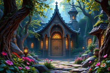 Fototapeta premium A fairytale cottage with ornate wooden doors stands in a magical forest, surrounded by flowers, trees, and glowing lanterns at dusk.