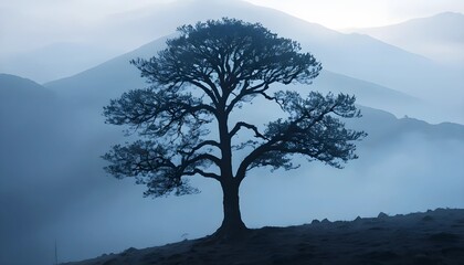 Solitary Tree in Serene Misty Mountain Landscape at Dawn – Peaceful Nature Scenery with Soft Blue Fog and Silhouetted Hills