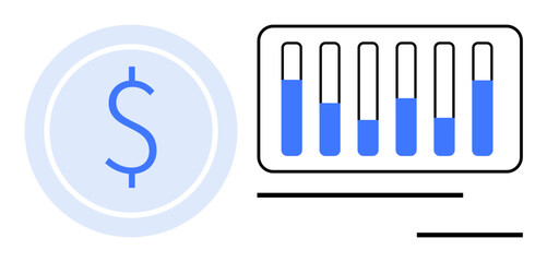 Diverse financial elements featuring a dollar sign icon and a bar chart with varying levels. Ideal for finance, budgeting, data analysis, market research, business growth, investment, simple landing