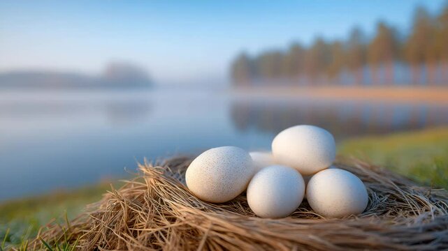  Nestled Eggs: A tranquil tableau of four pristine white eggs nestled in a natural nest, set against the gentle morning mist of a serene lake, evoking a sense of peace and new beginnings.