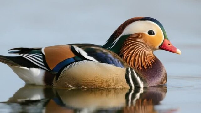 Mandarin duck colorful plumage closeup, exotic bird standing near water with vibrant feathers and reflection elegant nature wildlife concept  hd video download