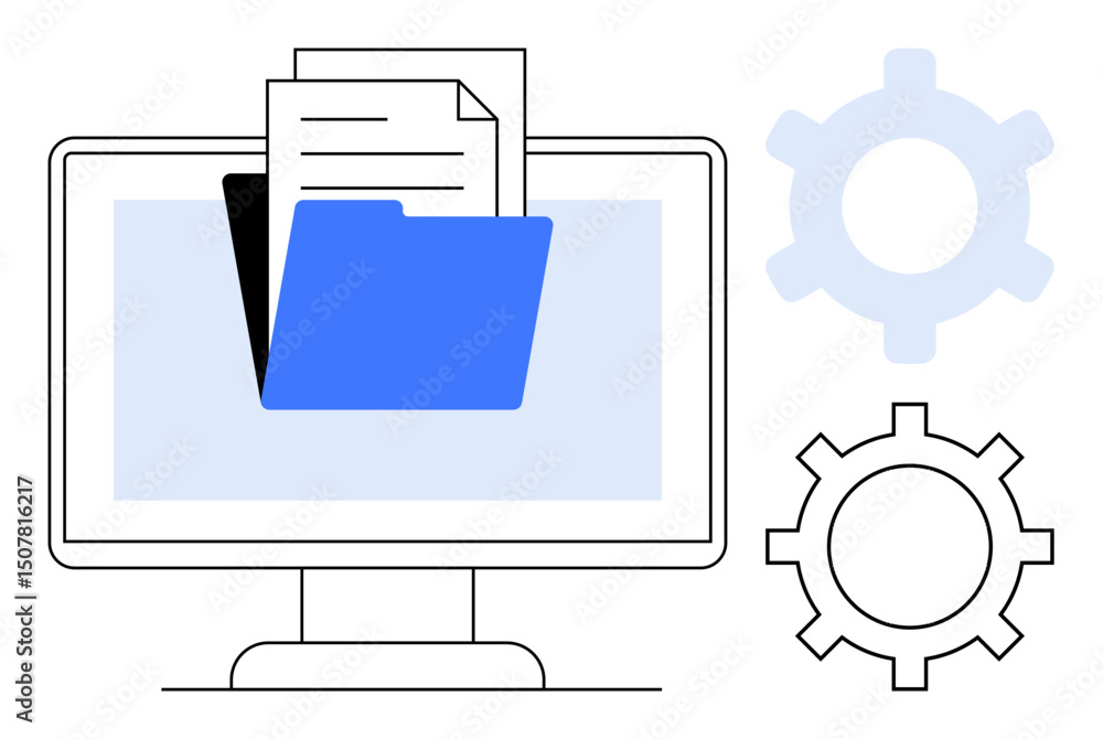 Poster desktop monitor featuring a blue folder with documents, accompanied by two gears symbolizing setting