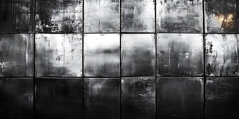 Abstract monochromatic grunge tiles forming a textured industrial wall