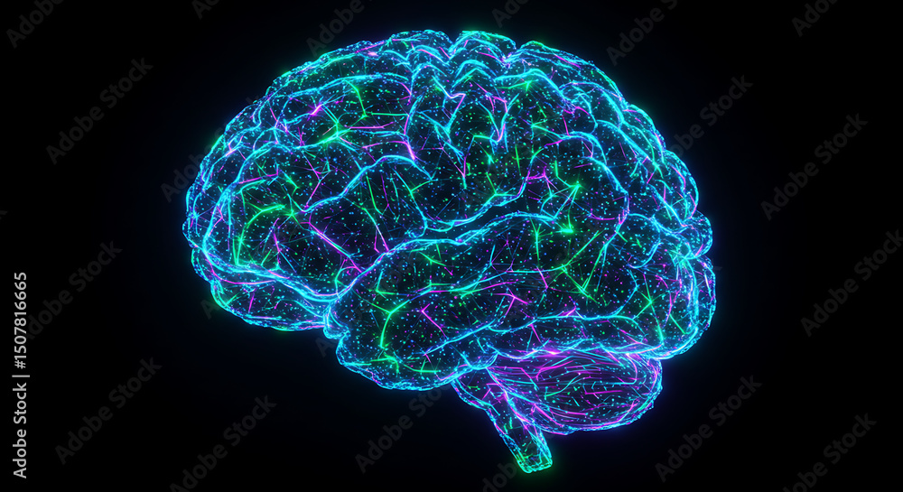 Poster abstract neon glowing human brain neural network artificial intelligence 3d render