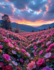 Obraz premium A vibrant field of blooming pink flowers stretches toward distant mountains under a dramatic, colorful sunset sky.