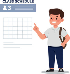 Boy student pointing at class schedule with backpack and casual outfit vector illustration