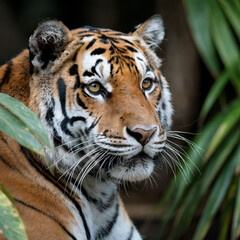 Fototapeta premium Majestic bengal tiger portrait amidst lush green foliage with captivating gaze and whiskers