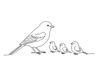 Bird family drawing. This black and white outline illustrates a bird family with a parent bird and three smaller chick birds, symbolizing care and new life. Vector sketch line art draw.