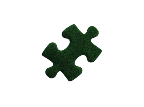 Close-up of a green, textured puzzle piece on a white background.
