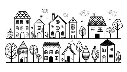 Naklejka premium Hand Drawn Doodle City Street with Houses � Sketch Style Village and Town Buildings Pattern Background Vector Illustration