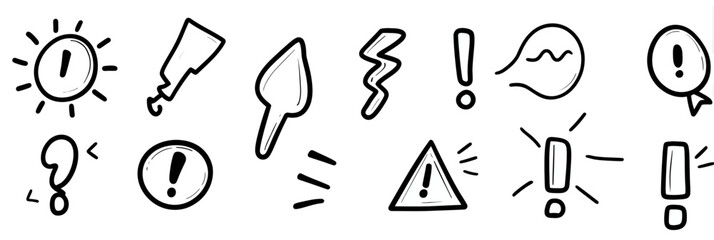 Hand drawn doodle exclamation mark and warning sign vector set with scribble hazard and alert symbols