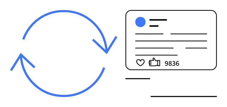 Circular arrows next to a social media post with thumbs ups and comments, symbolizing refresh and engagement. Ideal for content updates, social media insights, marketing, branding, feedback