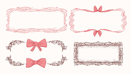 Doodle Hand Drawn Frames with Wavy Lines Bows and Ribbons Minimalist Line Art Vintage Whimsical Borders for Wedding Invitations Birthday Cards and Prints Vector eps Illustration.