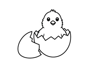 Obraz premium Chick in egg drawing. This black and white outline illustrates a cute baby chick emerging from a cracked eggshell, symbolizing new life and hatching. Vector sketch line art draw.
