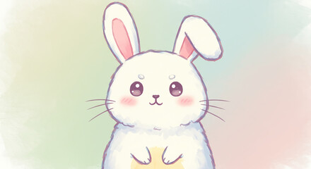 Fototapeta premium Adorable White Bunny Rabbit Illustration Cute Cartoon Hare Pastel Background