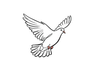 Obraz premium Dove flying drawing. This black and white outline depicts a dove or pigeon in graceful flight with its wings spread, symbolizing peace and freedom. Vector sketch line art draw.