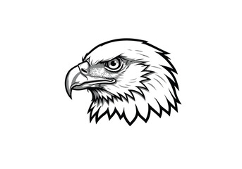 Fototapeta premium Eagle head drawing. This black and white outline focuses on the detailed head of an eagle, highlighting its sharp beak and intense gaze. Vector sketch line art draw.