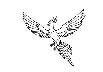 Obraz premium Fire bird drawing. This black and white outline depicts a mythical firebird or phoenix with widespread wings, symbolizing rebirth and power. Vector sketch line art draw.