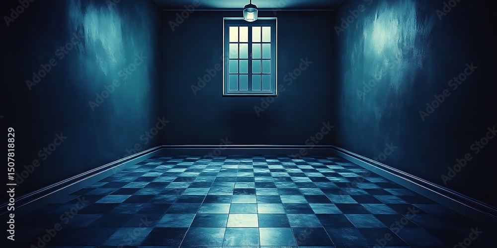 Poster enigmatic chamber with checkered tiles and window, creating a moody effect