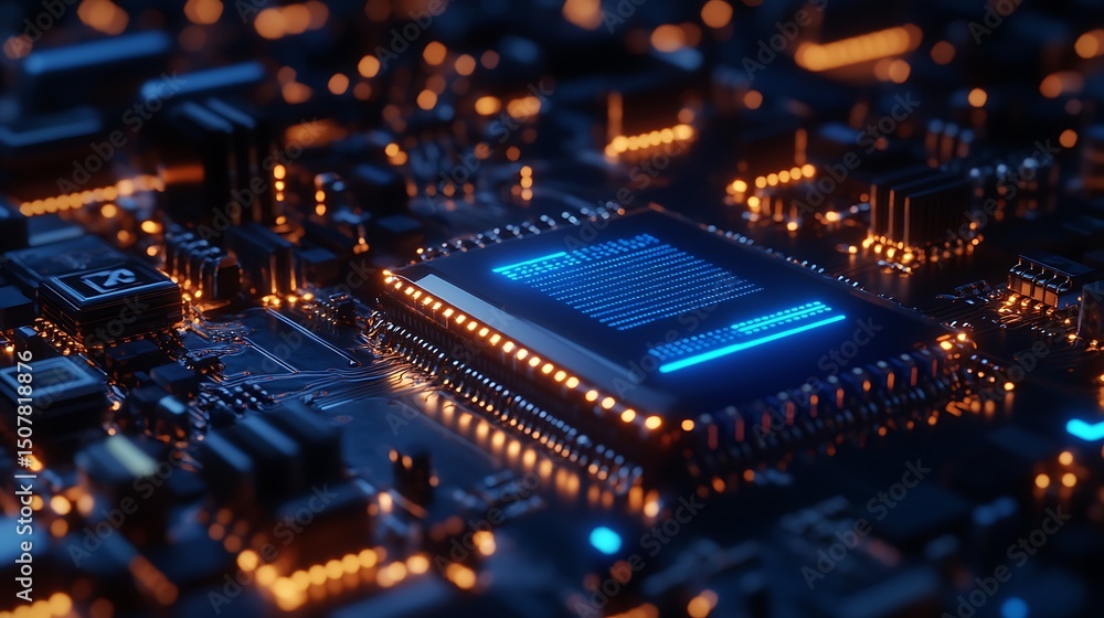 Poster closeup of a glowing microchip on a circuit board