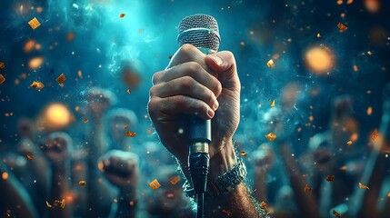 Charismatic singer or performer commanding the stage and captivating the enthusiastic crowd at an electrifying live music event or concert