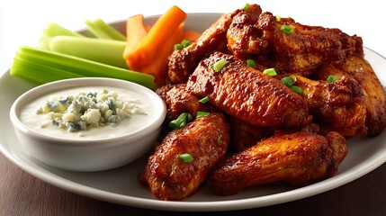 Spicy Buffalo Wings with Celery, Carrot, and Blue Cheese Dip.