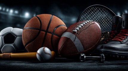 Sports Equipment Basketball with Soccer, and Stadium.