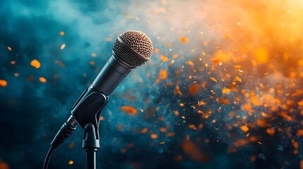 Electrifying microphone performance on a concert stage surrounded by vibrant lighting and dramatic smoke effects creating an atmosphere of energy and excitement