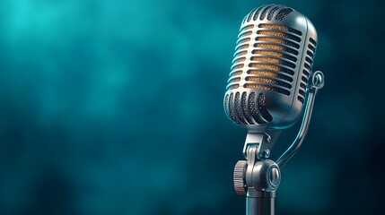 A classic retro style microphone standing tall in a dimly lit studio environment evoking a sense of musical performance and recording history