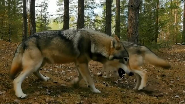  Slow motion, two wolves bite each other in the forest, showing their fangs