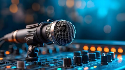 Close up shot of a microphone positioned on a sophisticated sound mixing desk surrounded by various knobs and controls suggesting a professional audio recording or broadcasting setup
