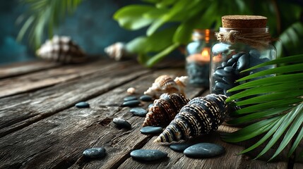 Tropical Spa Relaxation Shells with Stones, and Wood.