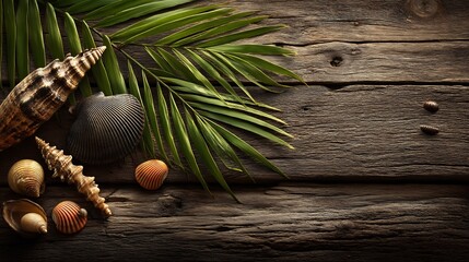 Tropical Seashells Palm Leaves Wooden Background.