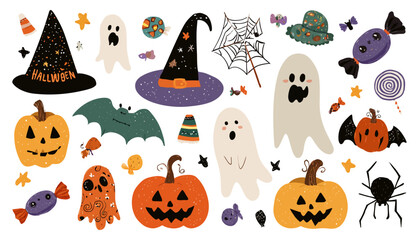 Hand Drawn Halloween Elements Vector Set with Ghosts, Pumpkins, Bats, and Candy for Cards and Invitations