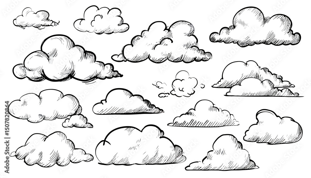 Poster whimsical hand drawn clouds � doodle sketch style cloud set with scribble outline � playful vector i