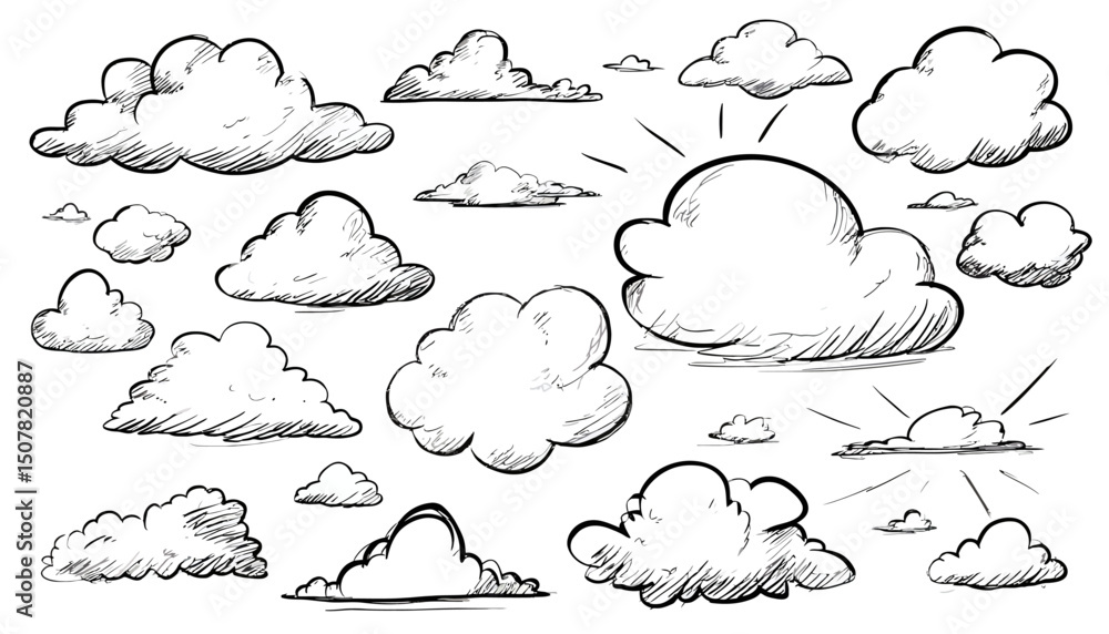 Poster whimsical hand drawn clouds � doodle sketch style cloud set with scribble outline � playful vector i