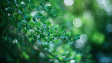 Abstract green foliage with soft bokeh lights, evoking nature's tranquil essence