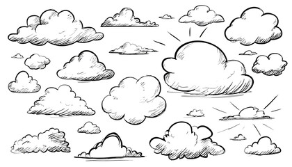Fototapeta premium Whimsical Hand Drawn Clouds � Doodle Sketch Style Cloud Set with Scribble Outline � Playful Vector Illustration