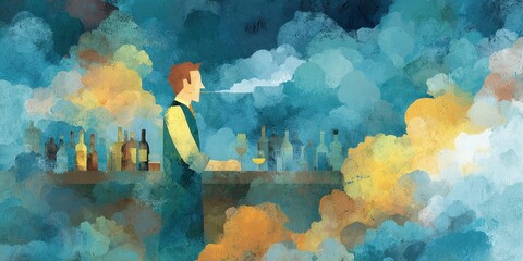 Colorful Bar Scene with Bartender