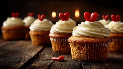 Romantic Valentines Cupcakes with Wooden Table.