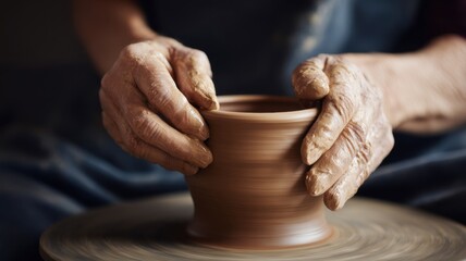 Hands shaping a clay pot on a pottery wheel, showcasing the art and craft of traditional pottery making.
