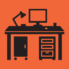 Simple black icon of a computer desk with drawers