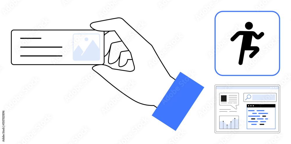 Poster hand holding id card with photo, running figure icon in rectangle, web dashboard displaying charts. 