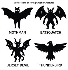 Minimalist Black and White Vector Icons of Flying Cryptid Creatures &ndash; Mothman, Batsquatch, Jersey Devil, Thunderbird