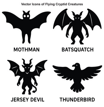 Minimalist Black and White Vector Icons of Flying Cryptid Creatures &ndash; Mothman, Batsquatch, Jersey Devil, Thunderbird
