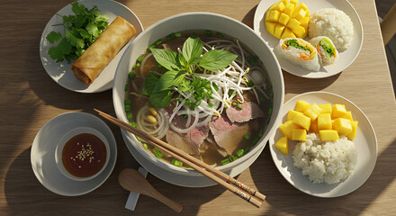 Delicious Asian Beef Pho Soup Meal with Spring Rolls Mango and Sticky Rice