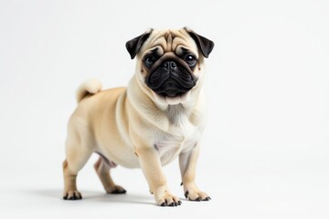 Obraz premium Adorable pug dog, isolated on white background, full body, closeup, wrinkled