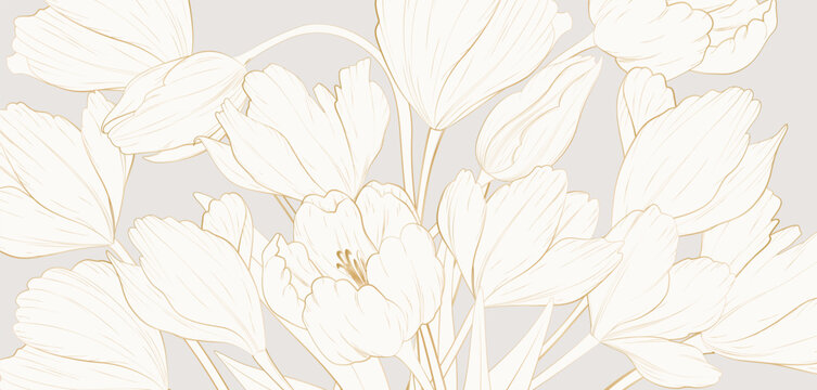 Luxury light art background with a bouquet of flowers in a golden line art style. Botanical flower banner for decor, print, poster, wallpaper, textile, packaging, print, interior design.