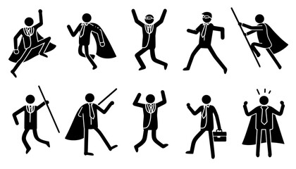 Obraz premium Superhero Businessman Icon Set � Flying Stick Figure Pictograms of Victory Worker, Employer and Corporate Hero Vector Illustrations